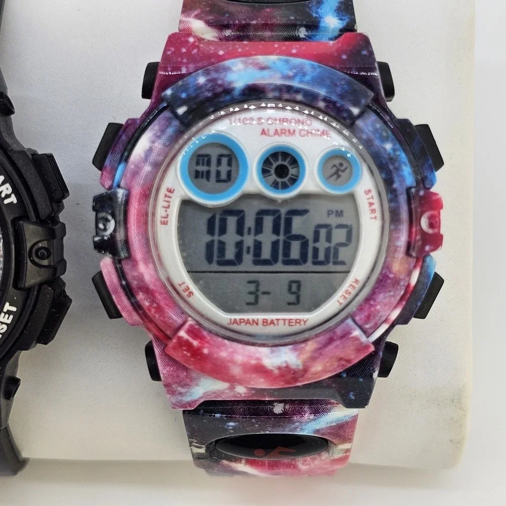 2X Digital Sports Girls Watches 37MM Black Multicolor Case Plastic Bands WORKING